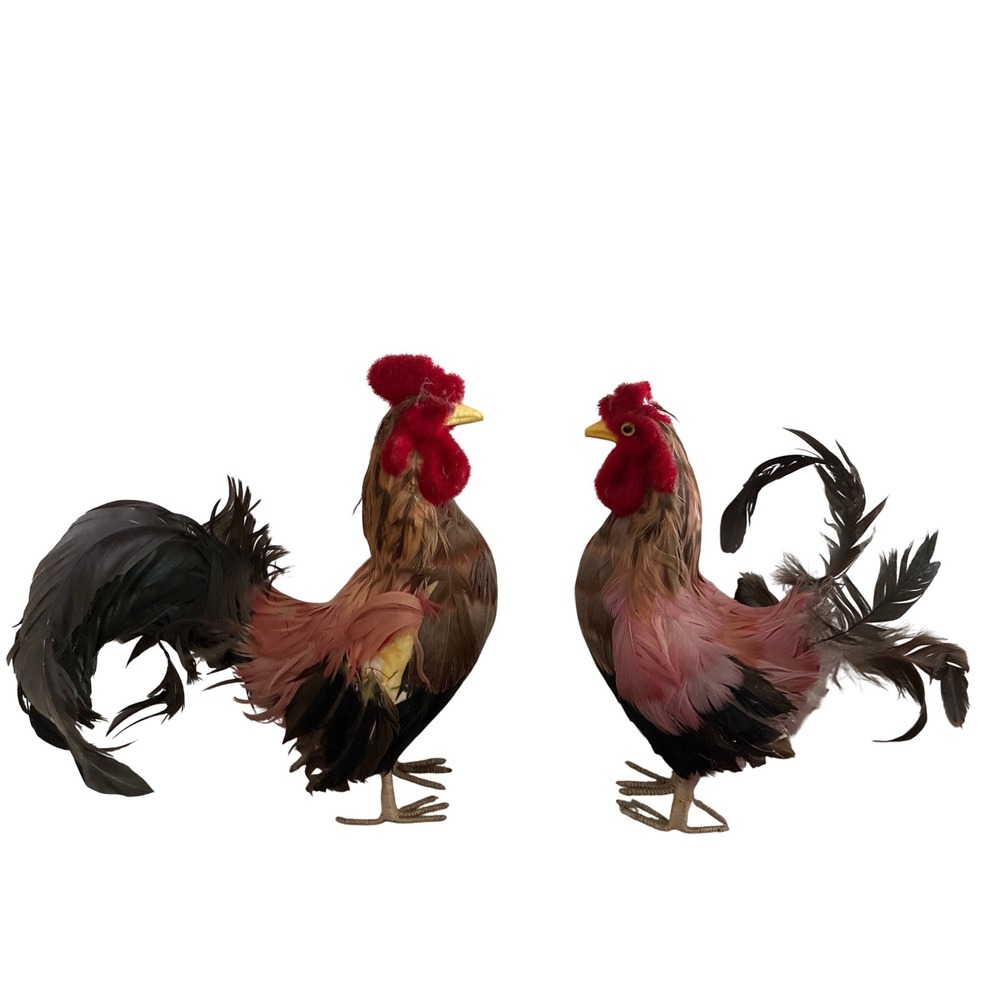 Vintage Rooster Feathered Country‎ Farmhouse Rustic 9.5" Decor (2) *flaws